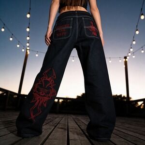 Heaven Can Wait Black Wide Leg Jeans Red Embroidery Skeleton Skull Baggy HCW